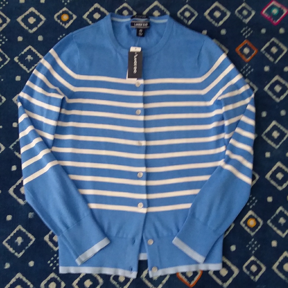 Land's End blue and white stripe cardigan